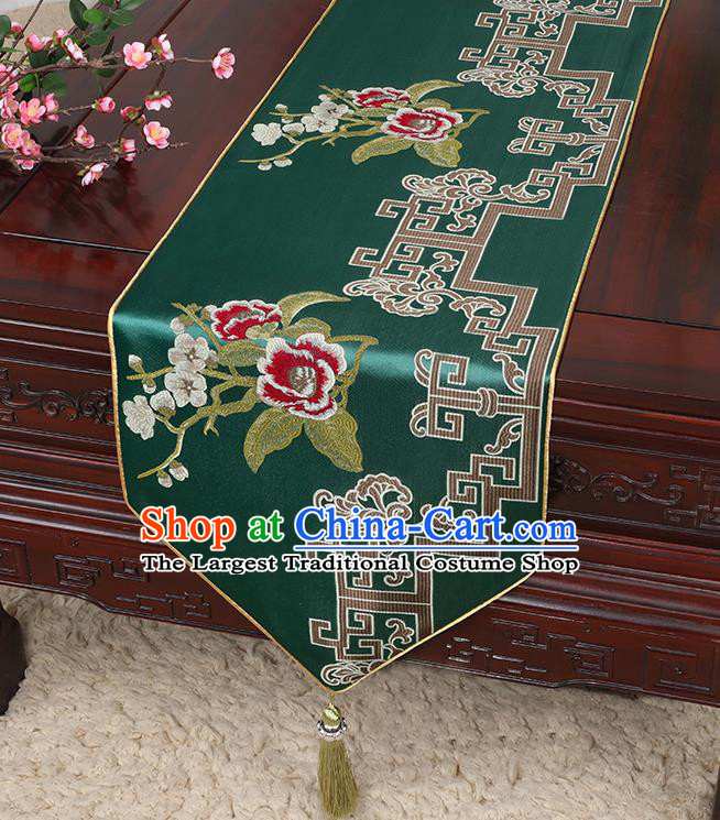 Chinese Classical Household Ornament Green Brocade Table Flag Traditional Handmade Embroidered Table Cloth