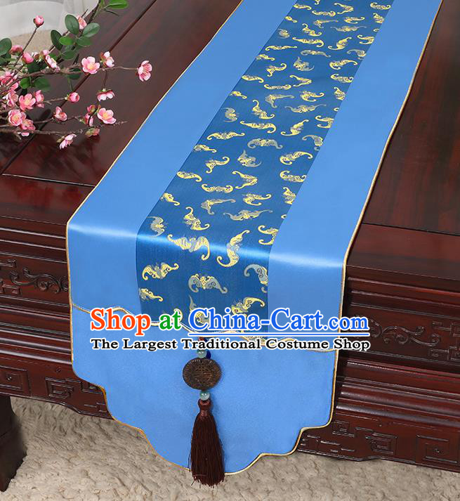 Chinese Classical Household Ornament Jade Pendant Tassel Royalblue Brocade Table Flag Traditional Handmade Table Cover Cloth