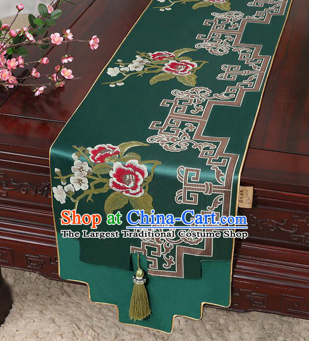 Chinese Classical Household Ornament Green Brocade Table Flag Traditional Handmade Jade Pendant Table Cover Cloth