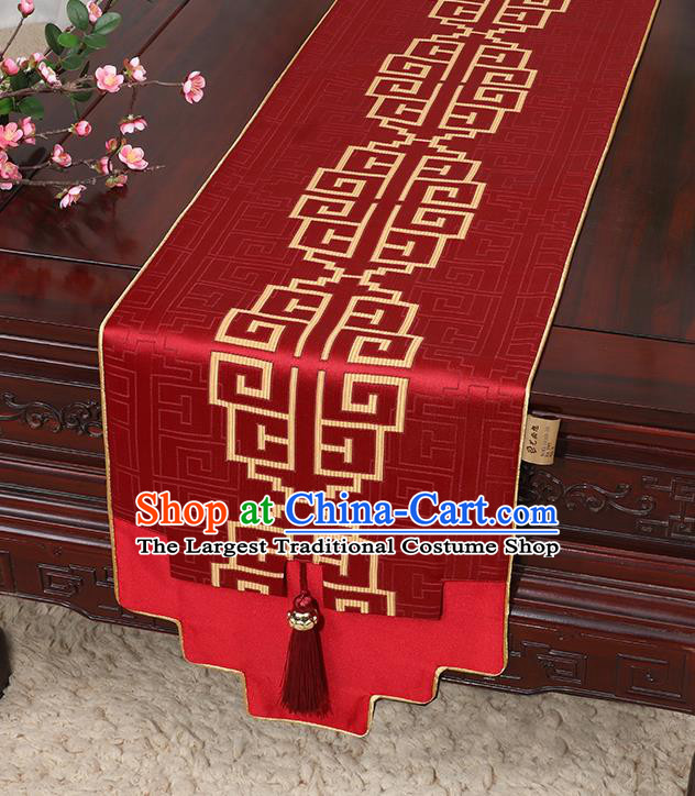 Chinese Classical Household Ornament Red Brocade Table Flag Traditional Handmade Jade Pendant Table Cover Cloth