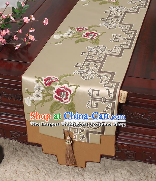 Chinese Classical Household Ornament Khaki Brocade Table Flag Traditional Handmade Jade Pendant Table Cover Cloth