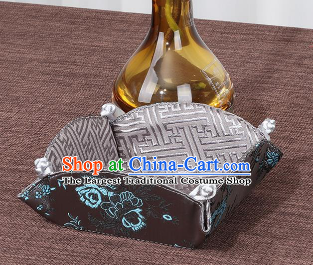 Chinese Traditional Household Accessories Classical Peony Pattern Brown Brocade Storage Box Candy Tray