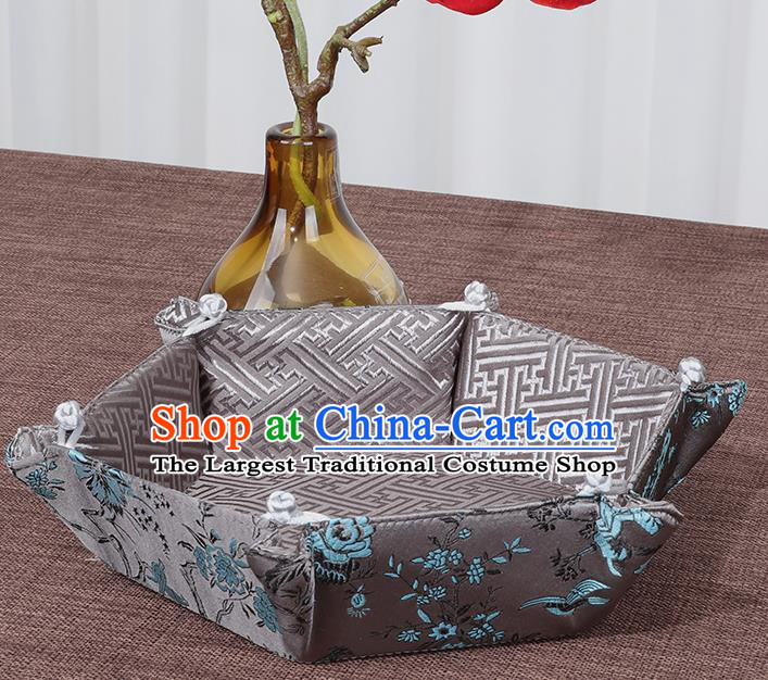Chinese Traditional Household Accessories Classical Flowers Pattern Grey Brocade Storage Box Candy Tray