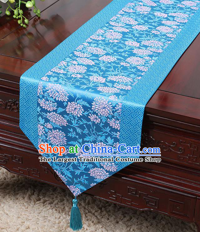 Chinese Traditional Table Cloth Classical Handmade Household Ornament Chrysanthemum Pattern Blue Brocade Table Flag