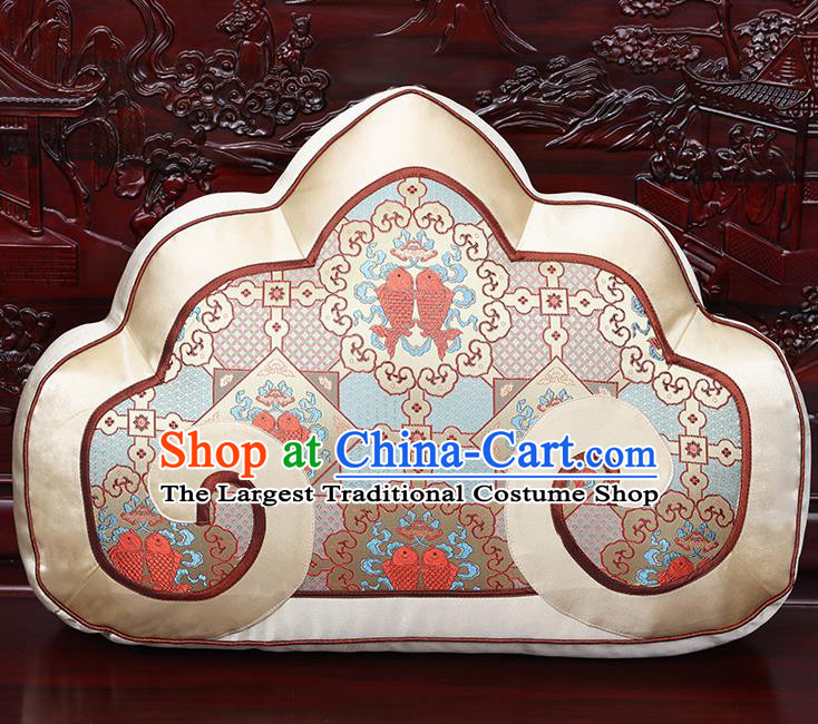 Chinese Traditional Arhat Bed Beige Brocade Back Cushion Cover Classical Household Ornament
