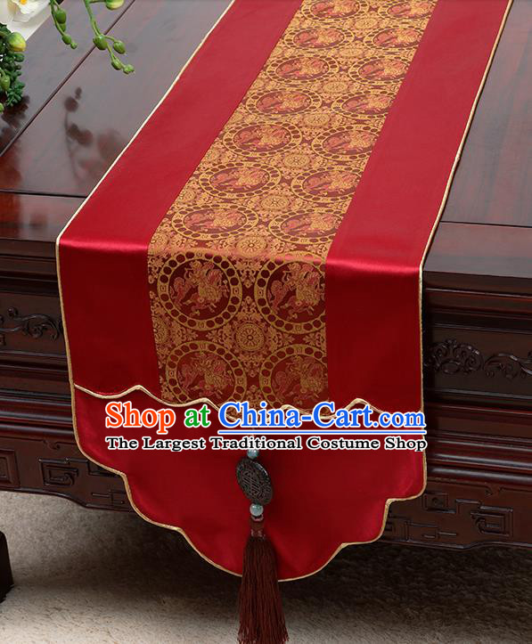 Chinese Traditional Wine Red Brocade Table Cloth Classical Pattern Satin Household Ornament Table Flag