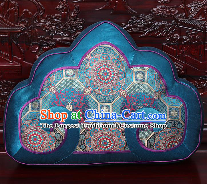 Chinese Traditional Arhat Bed Blue Brocade Back Cushion Cover Classical Household Ornament