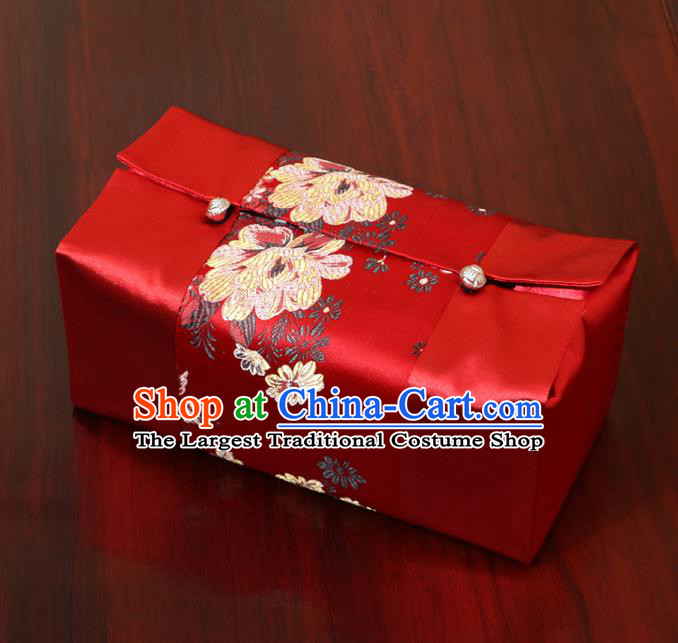 Chinese Traditional Household Accessories Classical Peony Pattern Red Brocade Paper Box Storage Box Cove