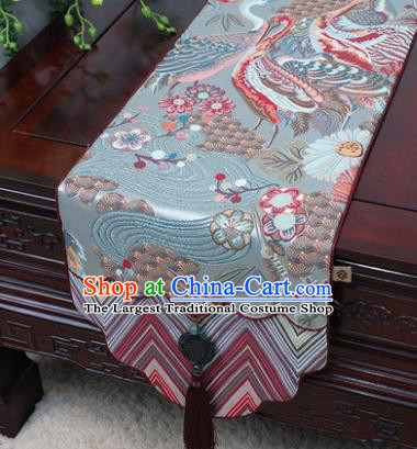Chinese Traditional Cranes Pattern Blue Brocade Table Cloth Classical Household Ornament Table Flag