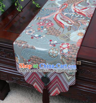 Chinese Traditional Cranes Pattern Blue Brocade Table Cloth Classical Household Ornament Table Flag