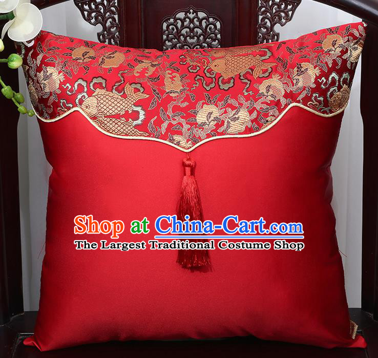 Chinese Traditional Fishes Pattern Red Brocade Back Cushion Cover Classical Household Ornament