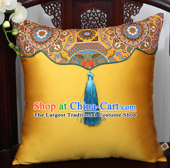Chinese Traditional Pattern Golden Brocade Tassel Back Cushion Cover Classical Household Ornament