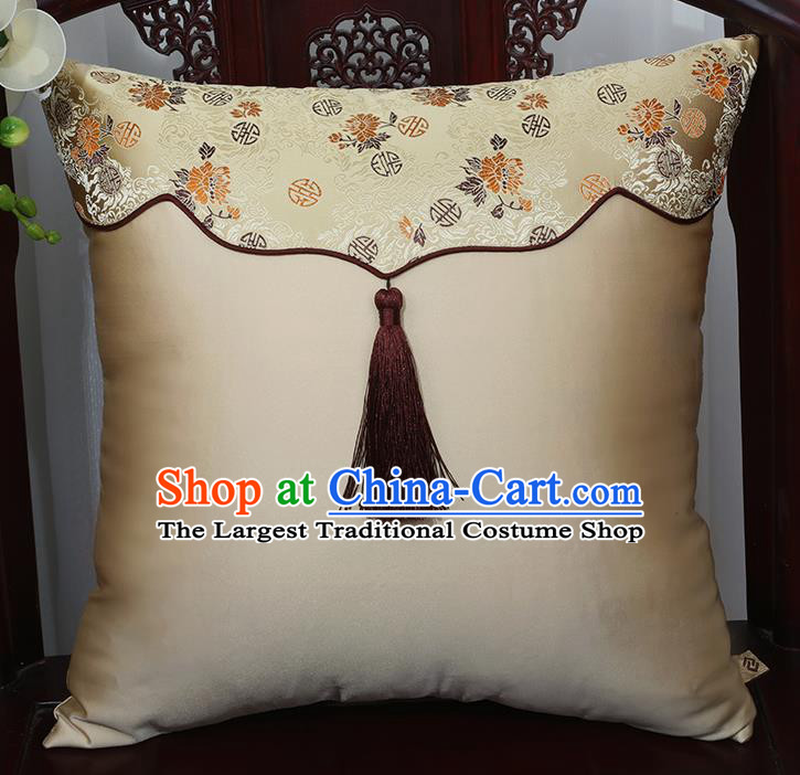 Chinese Traditional Chrysanthemum Pattern Brocade Tassel Back Cushion Cover Classical Household Ornament