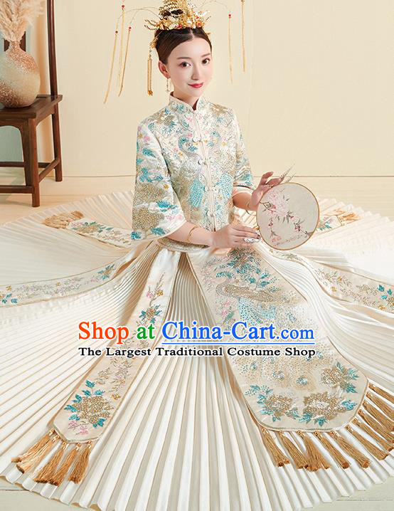 Chinese Traditional Wedding Costumes White Xiuhe Suits Ancient Embroidered Bride Toast Full Dress for Women
