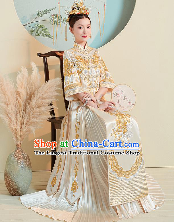 Chinese Traditional Wedding Costumes Golden Xiuhe Suits Ancient Embroidered Bride Toast Full Dress for Women
