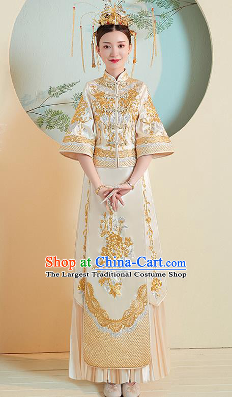 Chinese Traditional Wedding Costumes Golden Xiuhe Suits Ancient Embroidered Bride Toast Full Dress for Women