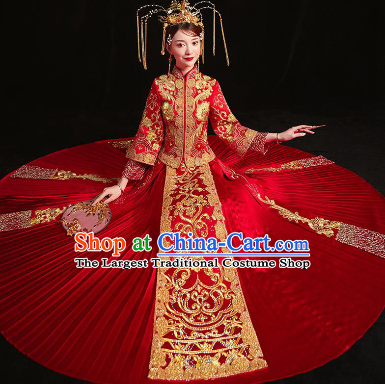 Chinese Traditional Wedding Costumes Embroidered Red Xiuhe Suits Ancient Bride Toast Full Dress for Women