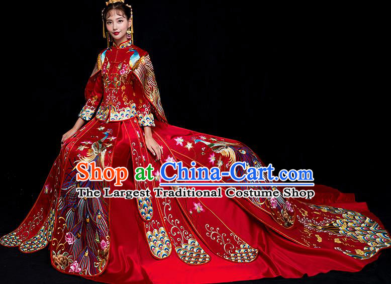 Chinese Traditional Bride Trailing Xiuhe Suits Ancient Handmade Embroidered Phoenix Red Wedding Costumes for Women