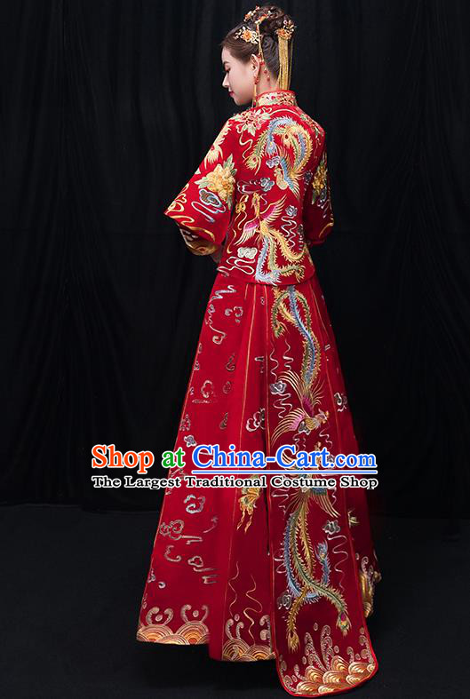 Chinese Traditional Bride Toast Embroidered Phoenix Red Xiuhe Suits Ancient Wedding Costumes for Women