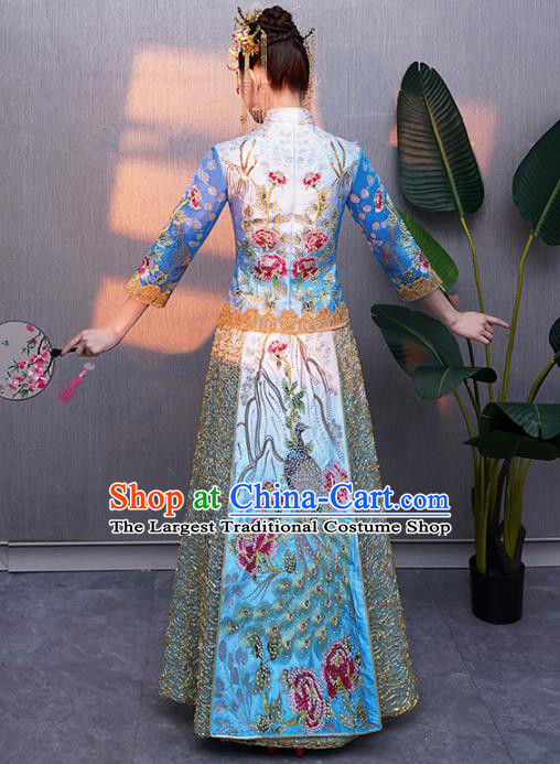 Chinese Traditional Bride Embroidered Peacock Blue Xiuhe Suits Ancient Handmade Wedding Costumes for Women