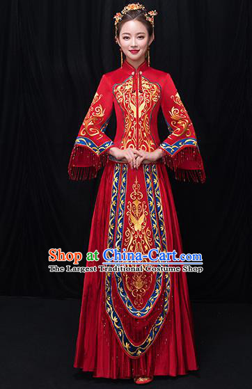 Chinese Traditional Bride Embroidered Red Xiuhe Suits Ancient Wedding Costumes for Women
