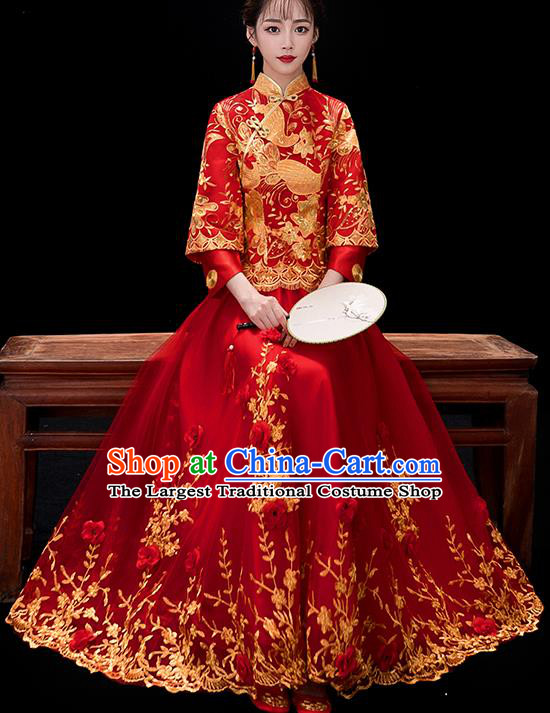 Chinese Traditional Bride Embroidered Red Veil Xiuhe Suits Ancient Handmade Wedding Costumes for Women