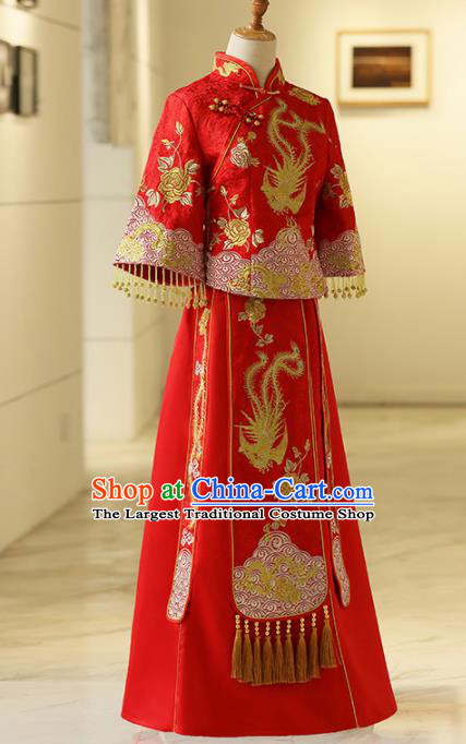 Chinese Traditional Bride Embroidered Phoenix Xiuhe Suits Ancient Handmade Red Wedding Costumes for Women
