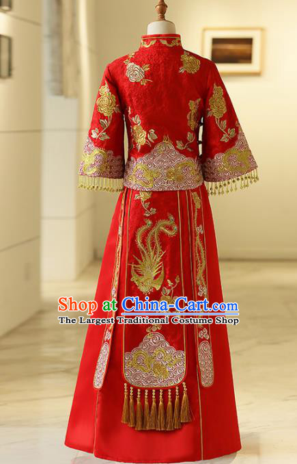 Chinese Traditional Bride Embroidered Phoenix Xiuhe Suits Ancient Handmade Red Wedding Costumes for Women