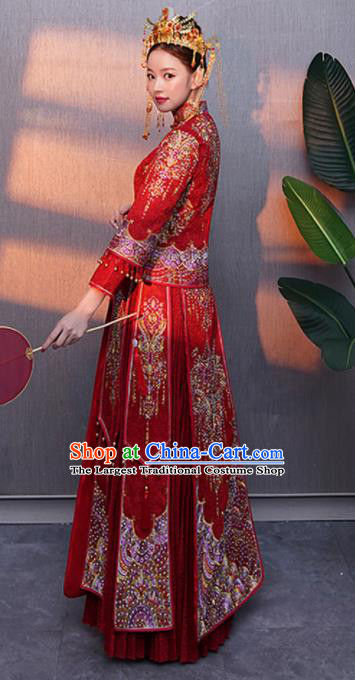 Chinese Traditional Bride Rhinestone Red Xiuhe Suits Ancient Handmade Embroidered Wedding Costumes for Women