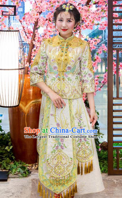 Chinese Traditional Bride Golden Xiuhe Suits Ancient Handmade Embroidered Wedding Costumes for Women