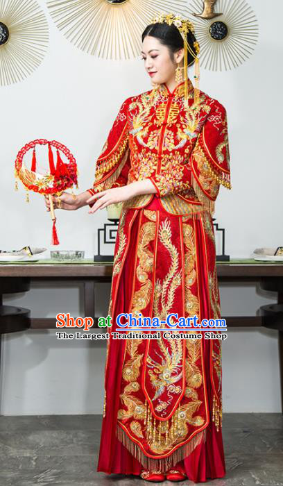 Chinese Traditional Bride Xiuhe Suits Ancient Handmade Red Embroidered Wedding Dresses for Women