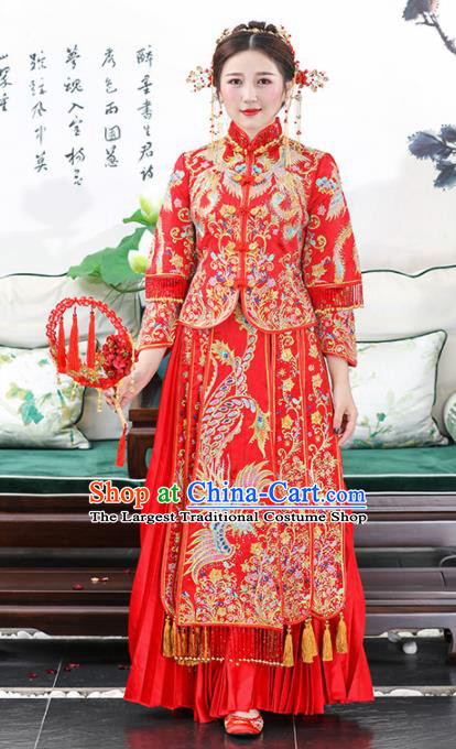 Chinese Traditional Bride Xiuhe Suits Ancient Handmade Red Embroidered Phoenix Wedding Dresses for Women