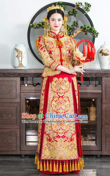 Chinese Traditional Bride Xiuhe Suits Ancient Handmade Red Embroidered Peony Wedding Dresses for Women