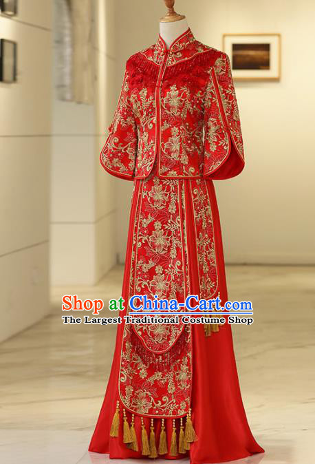 Chinese Traditional Bride Embroidered Peony Xiuhe Suits Ancient Handmade Red Wedding Costumes for Women