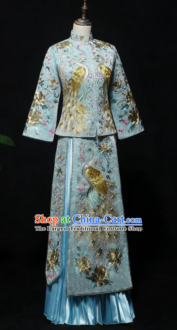 Chinese Traditional Bride Blue Xiuhe Suits Ancient Handmade Embroidered Peacock Wedding Dresses for Women