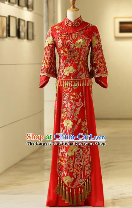 Chinese Traditional Bride Embroidered Tang Suit Xiuhe Suits Ancient Handmade Red Wedding Costumes for Women