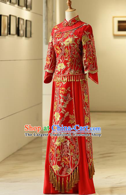 Chinese Traditional Bride Embroidered Tang Suit Xiuhe Suits Ancient Handmade Red Wedding Costumes for Women