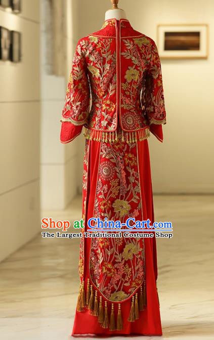 Chinese Traditional Bride Embroidered Tang Suit Xiuhe Suits Ancient Handmade Red Wedding Costumes for Women