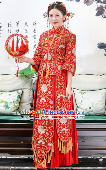 Chinese Traditional Bride Red Embroidered Lotus Xiuhe Suits Ancient Handmade Wedding Dresses for Women