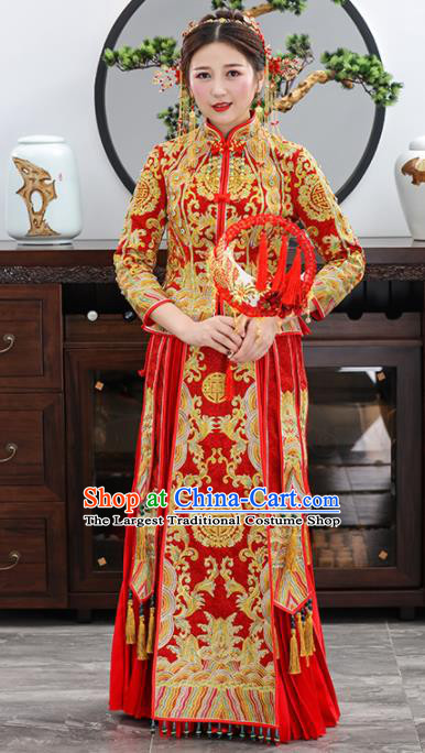 Chinese Traditional Bride Embroidered Red Xiuhe Suits Ancient Handmade Wedding Dresses for Women