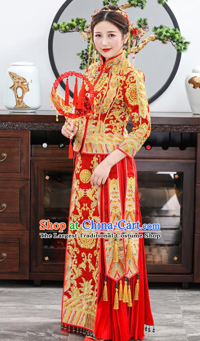 Chinese Traditional Bride Embroidered Red Xiuhe Suits Ancient Handmade Wedding Dresses for Women