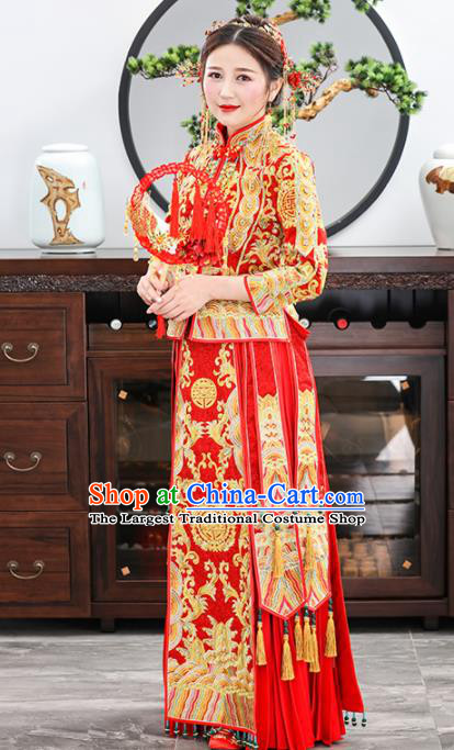 Chinese Traditional Bride Embroidered Red Xiuhe Suits Ancient Handmade Wedding Dresses for Women