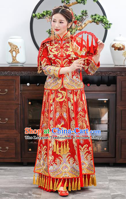 Chinese Traditional Bride Embroidered Dragons Xiuhe Suits Ancient Handmade Red Wedding Dresses for Women