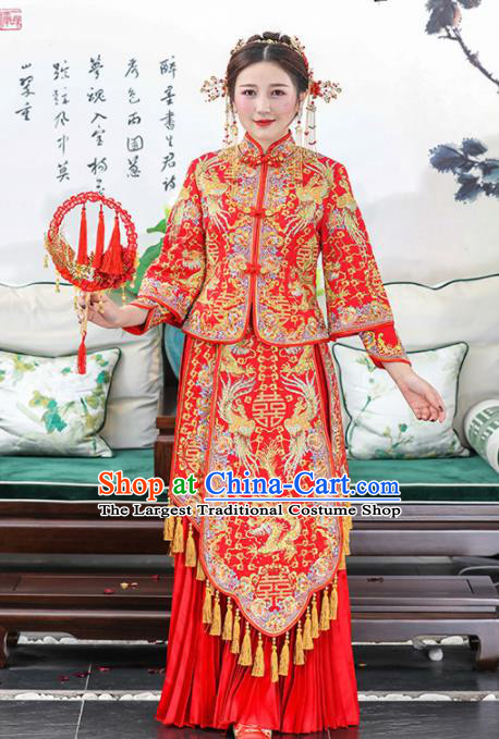 Chinese Traditional Bride Embroidered Dragon Phoenix Xiuhe Suits Ancient Handmade Red Wedding Dresses for Women