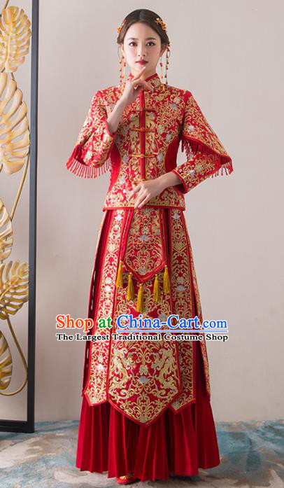 Chinese Traditional Bride Embroidered Diamante Xiuhe Suits Ancient Handmade Red Wedding Dresses for Women