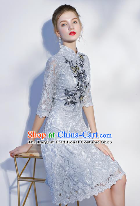 Chinese Traditional Bride Embroidered Slim Cheongsam Ancient Handmade Grey Lace Wedding Dress for Women