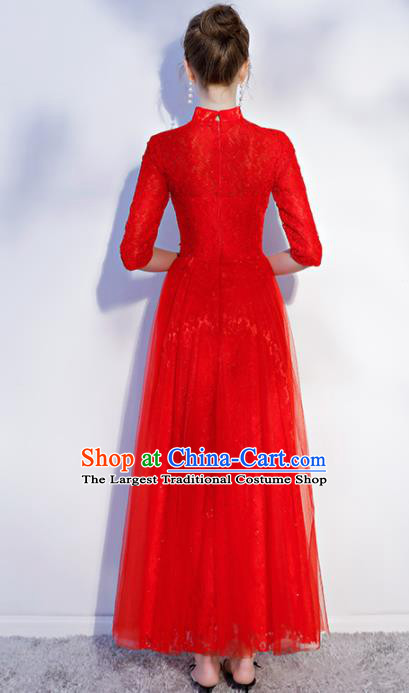 Chinese Traditional Bride Embroidered Slim Cheongsam Ancient Handmade Red Veil Wedding Dress for Women