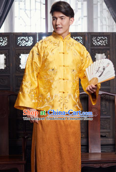 Chinese Traditional Wedding Golden Gown Ancient Bridegroom Embroidered Costumes for Men