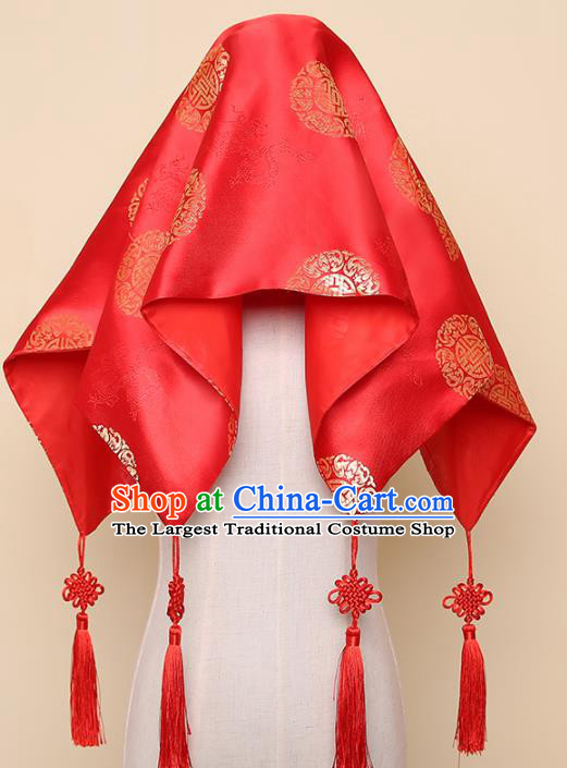 Chinese Traditional Wedding Hair Accessories Ancient Bride Red Silk Cover Headdress for Women