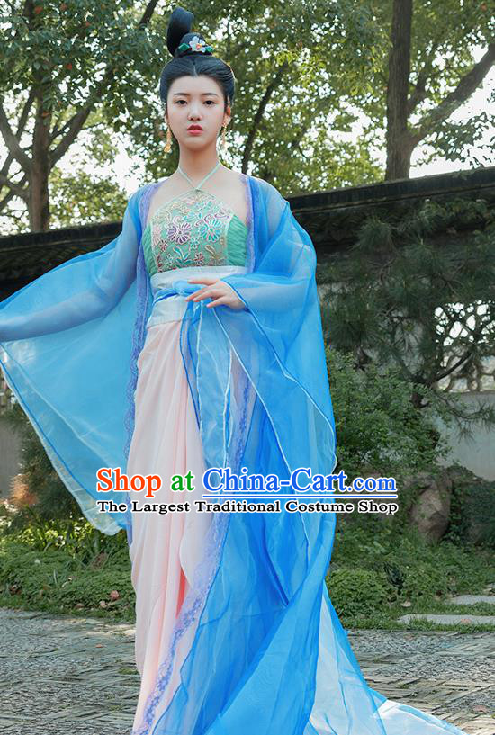 Traditional Chinese Tang Dynasty Palace Dancer Blue Hanfu Dress Ancient Drama Flying Peri Costumes for Women